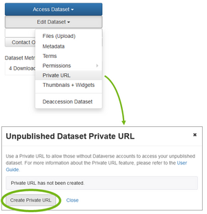 The image shows the RESOLVdata interface, specifically the dataset options. A dropdown menu is opened from the option "edit dataset" and the item "private URL" is highlighted. In an inset, the dialogue of the option "private URL" is shown with all options of creating a privat URL for the dataset.