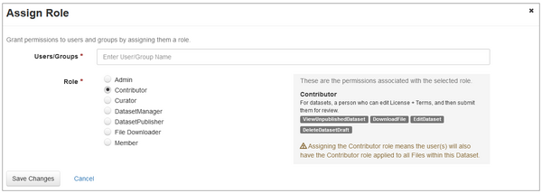 The image shows a part of the RESOLVdata interface. The dialogue window "Assign Role" is open and shows a field in which user data can be entered. Below is a list of possible roles to be assigned. To the right of the list of roles the specific permissions are shown.