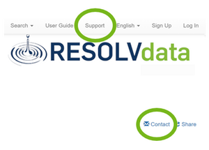 The RESOLVdata user interface is shown. The items "Support" and "Contact" are highlighted.