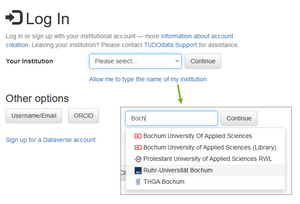 The login page of RESOLVdata is shown. In an inset, the manual search for institution names is shown in detail.