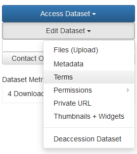 The RESOLVdata interface of a dataset is shown. When choosing the button "Edit Dataset" a dropdown menu appears which allows clicking of the item "Terms".