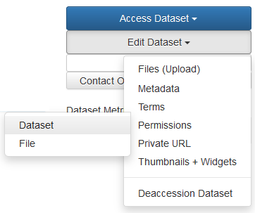 The RESOLVdata interface is shown, specifically options to edit a dataset. The dropdown menu shows the option to click on the field "permissions" which opens a sub-window allowing to choose between "dataset" and "file". "Dataset" is highlighted.